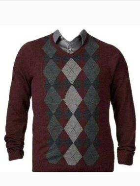 Apt 9 Sweater $56 Mens S Brick Red Argyle Wool Blend Merino V-Neck Long Sleeves